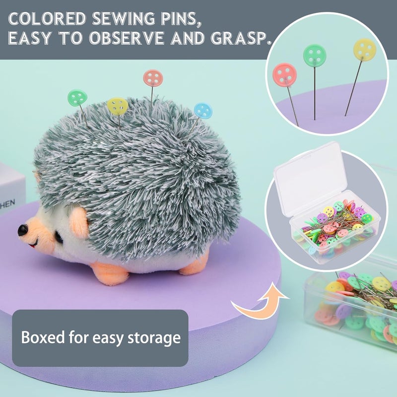 FTEVEN 100 Pieces Flat Head Straight Pins Hedgehog Pincushion Kit, Big Pincushion with Clear Storage Box and Quilting Pins, Colorful Head Straight Sewing Pins for Handicrafts DIY Sewing - Image 3